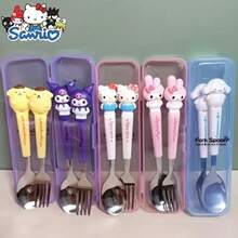 Sanrio 2pcs Stainless Steel Sanrio Hello Kitty & Kuromi Cutlery Set - Portable Cartoon Fork & Spoon Combo, Perfect For Kitchen, Dining, Camping, Picnics, And Christmas Gifts