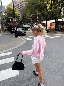 Áo khoác cardigan dệt kim kẻ sọc dáng rộng phong cách đường phố thu đông mới của Vivid Style dành cho nữ, thích hợp cho dạo phố, sân bay, Giáng sinh, Năm mới, màu hồng. - Hồng - Xem 5