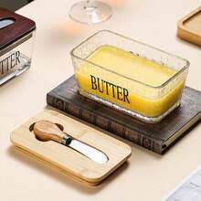 1pc Acacia Wood Lid Glass Butter Dish Set. Thick Glass Butter Container With Bamboo Lid For Home Kitchen, Large Butter/Cookie/Snack Storage, Suitable For Gifts, Christmas Present
