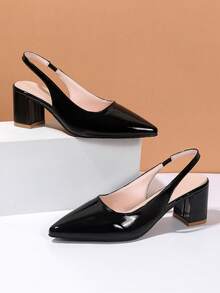 Zapatos de tacón alto con punta puntiaguda y sin talón de cuero patentado negro para mujer, elegantes tacones gruesos retro adecuados para varias ocasiones como banquetes, bodas, otoño, oficina y moda