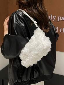 1 件白色花卉荷叶边手提包，高端奢华新娘婚纱派对晚会手拿包，1 件涤纶新月单肩包，优雅手提包适合女士派对 - 白色 - 查看 7