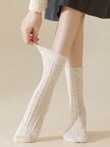 Random 3 Pairs Women's Socks Cable & Ribbed Design Moisture-Wicking Knit Mid-Crew Socks Neutral Tone Fall Winter Collection Versatile Daily Athleisure Wear Christmas Gift
