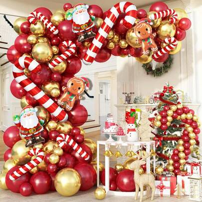 125 pièces Ensemble de guirlande d'arche de ballons thème Noël, comprenant des ballons en feuille d'aluminium représentant l'homme pain d'épices, le Père Noël et la canne en bonbon, ainsi que des ballons en latex rétro rouges et dorés. Parfait pour Noël, les fêtes de Noël, les fêtes du Nouvel An, les baby showers, les anniversaires, les rassemblements familiaux et la décoration de Noël.