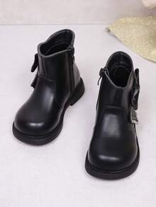 New Girls Bow Rhinestone Soft Comfortable Round Toe Sweet Fashion Flat Ankle Boots Suitable For Autumn/Winter Season - Black - View 3