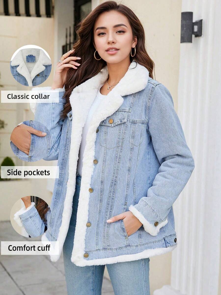Risissida Women's Casual Denim Jacket With Pockets, Perfect For Fall/Winter Commuting - Versatile And Stylish - Blue White Fur Collar - View 1