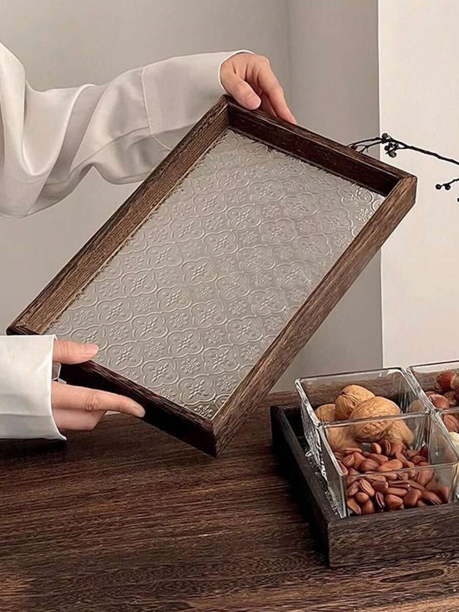 1 cutie de depozitare a gustărilor din lemn, sticlă, culoare nuc, cu model vintage în relief, cu flori de Crabapple, tavă de ceai emailată Cloisonné dreptunghiulară/poligonală, organizator de birou, platou pentru servire fructe și deserturi