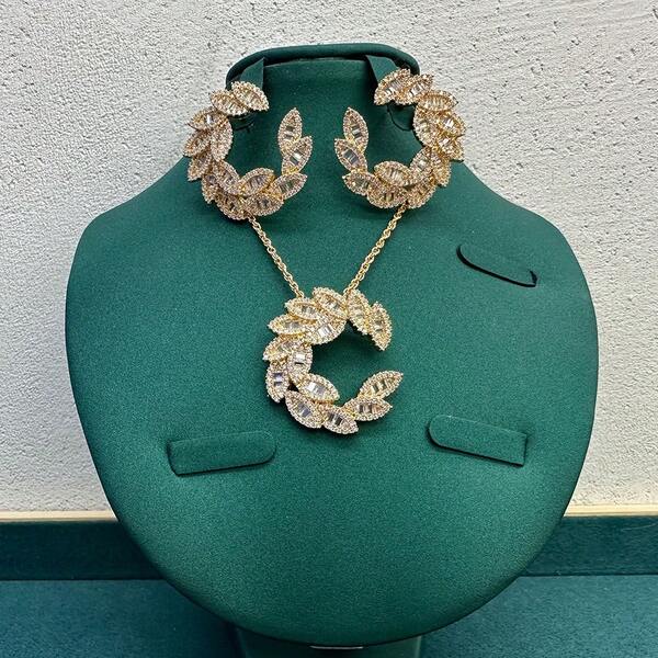 Bridal Jewelry Set, Wheat Ear & Crescent Moon Shape Luxury Women's Wedding Party Cubic Zirconia Necklace & Earrings 2 Pieces Set, Necklace Set, Suitable For Dates, Gifts, Comes In Elegant Gift Box