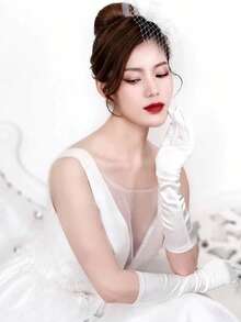 1 件优雅长款缎面新娘手套 - 非常适合婚纱和晚宴，白色弹性设计 - 彩色 - 查看 2