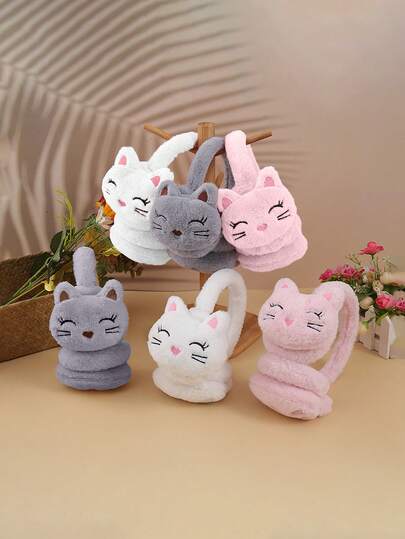 Plyschiga varma öronkåpor för höst och vinter, söta plyschiga tecknade kattöronkåpor, skyddar öronen från kylan