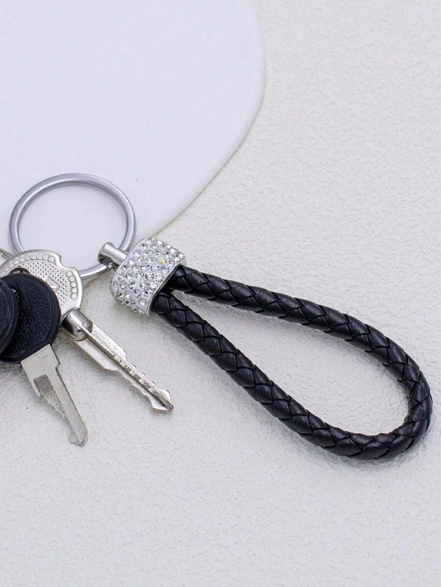 1pc Rhinestone Decor Simple Key Chain, Braided Leather Cord Key Holder Christmas Gift