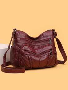 女士纯色大容量手提包，多拉链口袋复古优雅斜挎包，小号皮革拉链手柄，编织装饰，防水 PU 防盗户外购物妈咪包，轻便便携小袋，可装手机和硬币，适合购物、聚会、商务 - 紅色 - 查看 11