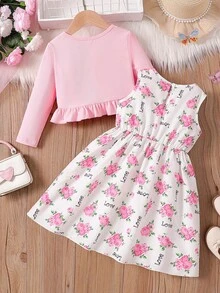 coviviky Set de 2 piezas de conjunto de moda para niñas, cárdigan con ribete de volantes y decoración de moño, y vestido sin mangas con estampado floral y letras para niños