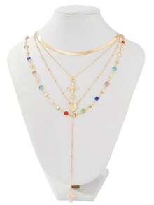 4pcs/Set Retro Metal Jesus Cross Pendant Y-Necklace, Stylish Bohemian Colorful Crystal Bead Necklace Set, Suitable For Women Daily And Vacation Wear, Holiday Gift For Friends (Crystal Bead Color And Quantity May Vary From Actual Item)