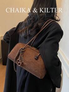 1 件 CHAIKA & KILTER 纯色亮面 PU 面料单肩包，女士时尚大容量保龄球包，双手柄设计带拉链开合，适合日常和户外使用（与吊坠一起出售）