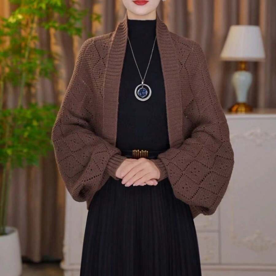 Women's Boho Knit Shawl Cardigan - Smooth Polyester, Embroidered Design, Autumn & Winter Essentials | Hand Wash Or Professional Dry Clean | Lightweight 100g/M² Fabric - Nâu nhạt - Xem 1