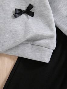 2 件女童休闲时尚纯色蝴蝶结装饰圆领落肩长袖羊毛运动衫和裤子套装，秋冬 - 淺灰色 - 查看 7