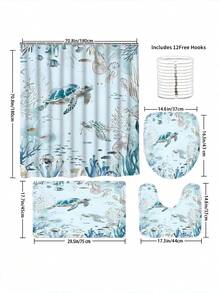 Ensemble de 4 pièces de rideau de douche de salle de bain avec motif tortue, comprenant un rideau de douche imperméable, un tapis de bain, un couvre-siège de toilette et un tapis en U - Ensemble de décoration de salle de bain lavable avec motif de dessin animé, cadeau de Noël et d'Halloween parfait pour les amis et la famille
