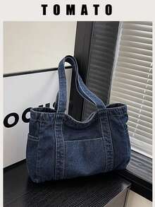 1pc High-Quality Blue Canvas Shoulder Bag, Large Capacity Commuting/Shopping Tote Bag, Minimalist Design Handbag For Women, Tote Bags For Students, Multiple Compartments, Perfect For Beach, School, Work & Daily Use