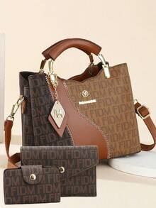 三件套母女同款包包，经典大容量女士休闲手提包，高端优雅女士提花单肩包 - 棕色 - 查看 8