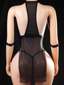 No-Tear Maid Costume Lingerie Strappy High-Cut Bodysuit Set - Black - View 5