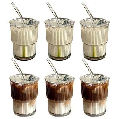 6pcs, 350ml/12oz Glass Cups, High-Quality Transparent Glass Cups With Lids And Straws, Durable, Easy To Clean, Reusable, Suitable For Coffee, Iced Tea, Juice, Water, Milk Tea, Home And Office Use - Ideal Gift For Christmas, Halloween, Thanksgiving