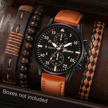 1 set Montre pour homme avec fonction calendrier, style mode sport casual, cadran rond style industriel, montre à quartz, assortie avec bracelet en cuir pour homme, ensemble de bracelets style punk, bracelet tressé en PU, convient pour le port quotidien, cadeau d'anniversaire, fête, rassemblement, cadeau idéal pour soi ou ses amis. Aucune boîte d'emballage incluse. - Tabac - Voir 5