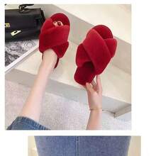 Wine Red Cotton Slippers For Women Autumn And Winter Flat Open Toe Plush Flip Flops Home Indoor Confinement Warm Fur Slippers - 酒紅色 - 查看 4
