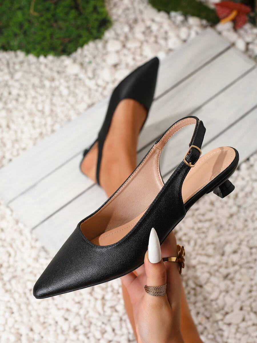 Elegant Solid Color Women's Shoes, With Ankle Strap, Low Lightweight Low Heel, Pointed Toe, Women's Low Heel Shoes - Black - View 1