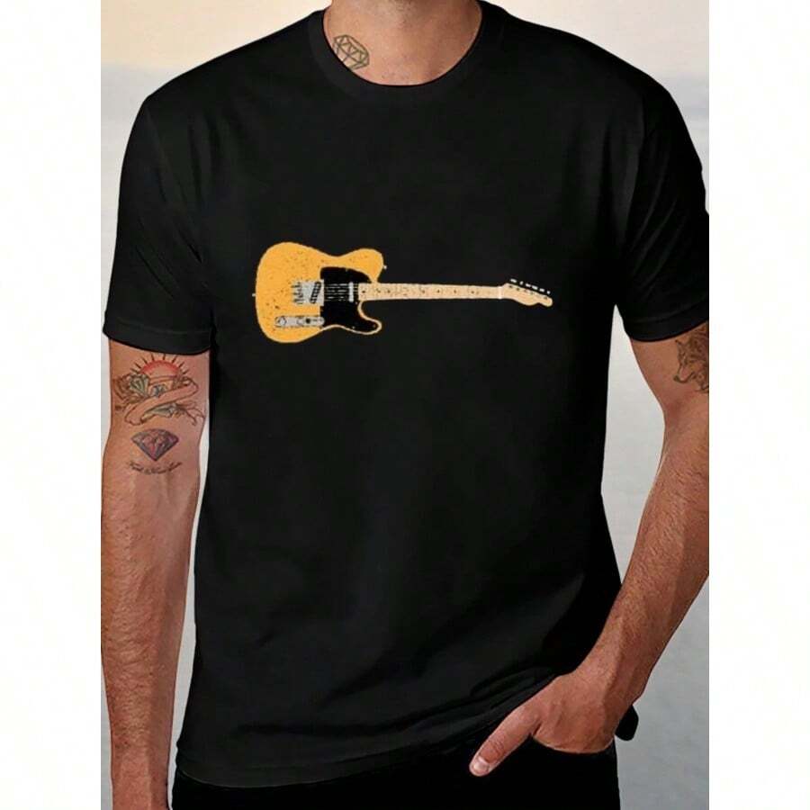 Merle Haggard Butterscotch Telecaster Electric Guitar Comfortable Cotton Mens Round Neck Short Sleeves T-Shirt, 180g, Guitar, CottonPattern Print Cotton Crew Neck T-Shirt Gift - 白色 - 查看 1