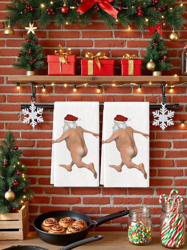 2 pièces Serviettes de cuisine sexy Père Noël nu Serviettes de vaisselle en microfibre amusantes Père Noël Serviettes décoratives de salle de bain