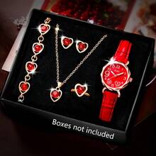 SOKI SOKI 1 Set Women's Fashion Casual Quartz Watch With Peach-Shaped Dial, Matching Heart-Shaped Necklace, Earrings, Bracelet And Ring Jewelry Set, Suitable For Daily Wear, Birthday Gift, Party, Holiday Gathering, Ideal Gift For Yourself Or Friends. No Packaging Box Included. - Red - View 6