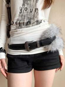 1pc Black PU Leather Material Faux Fur Retro Minimalist Wavy Rivet Decor Versatile Belt - Black - View 3