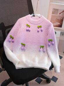 Girls' Cute Ombre Cherry Knit Sweater, Faux Fur Lined, Suitable For Daily, Vacation, Spring, Autumn, Winter