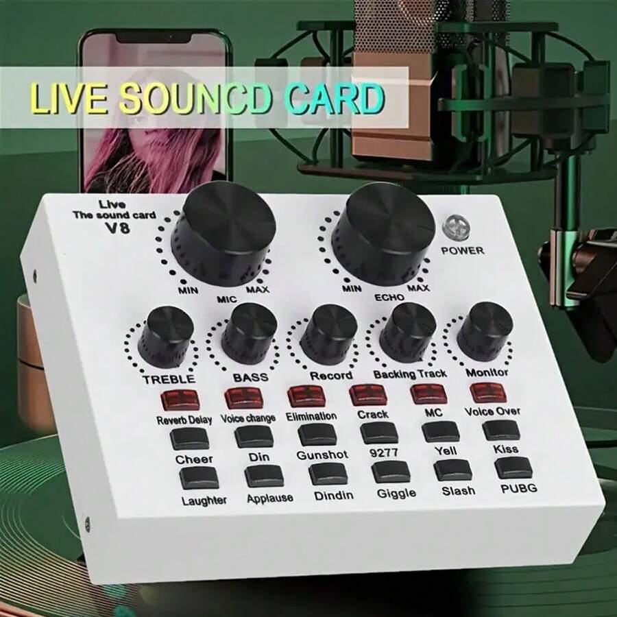 V8 Real-Time Sound Card, Real-Time Mixer, Voice Converter, Sound Card With Multiple Sound Effects, Suitable For Computer Recording, Home KTV, And Voice Chat - V8 White - View 1