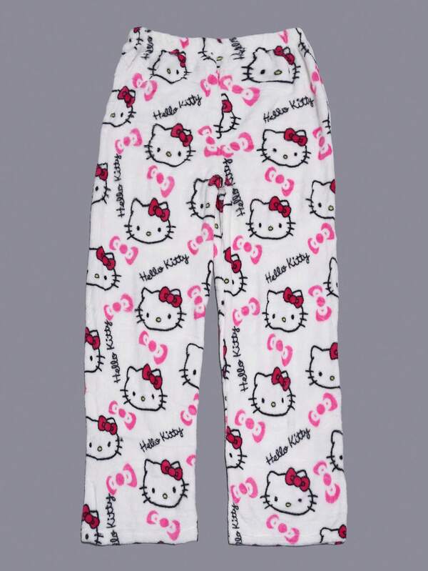 Sanrios neue Flanell-Weiß-Homepants für Herbst und Winter, lässig, locker und süß mit KT-Muster, elegant kombinierbar mit Hauskleidung für Paare