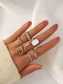 Set de 6 anillos ajustables con forma de serpiente de cristal verde con estilo bohemio para mujeres