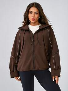 Leorrey 一件装女士舒适休闲立领连帽拉链防风滑雪服，适合健身、跑步、骑行，长袖运动夹克滑雪服冬季款 - 摩卡棕 - 查看 9