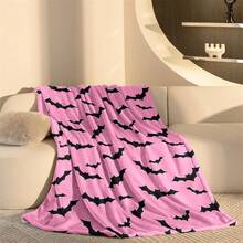 Schwarze Fledermaus-Drucken Decke mit rosa Basis - Hergestellt aus gestricktem Polyesterfleece, moderner Digitaldruck, Cartoon-Motiv, gemütliche Heimdekoration Tagesdecke für alle Jahreszeiten, maschinenwaschbar