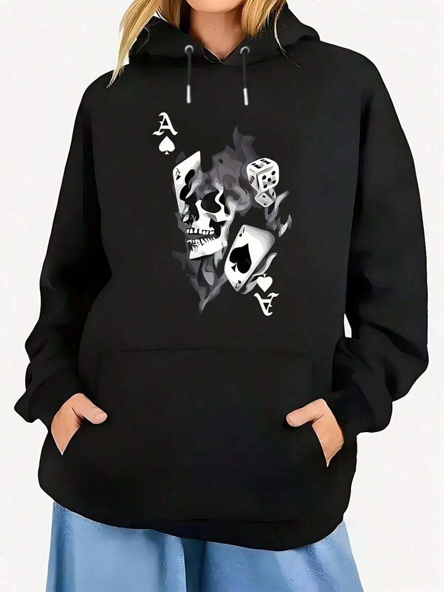 Skull Poker Dice Graphic Dark Gamble Style Front Pocket Black Long Sleeve Women's Hoodie Winter Wear Soft Durable Fabric Slight Stretch Thick Fit Drawstring Hooded Sweatshirt Unique Standout - 黑色2 - 查看 1