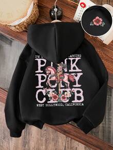 Young Girl Floral & Letter Print Warm Sweatshirt - Black - View 1