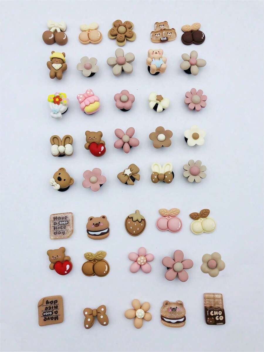 30pcs Cartoon Resin Brown Bear & Flower Random Pattern Decor Set, Suitable For Wooden Shoes And Sandals, Durable, Whimsical Design Perfect For Girls Party Gifts And Creative Gifts