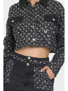 GLITTERY DENIM SKIRT 2PCS SET  Blingbling    Casual  Elegant    Button Front  Pocket  Button    Night Out  Vacation - 黑色 - 查看 5