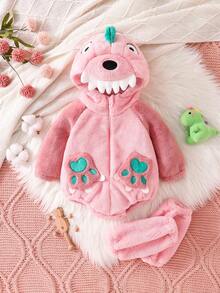 Autumn/Winter Baby Dinosaur Romper + Sock Set, Newborn Cute Cartoon Hooded Jumpsuit