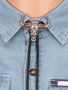1pc Punk Western Cowboy Bull Head Embossed Bolo Tie Necklace, Versatile Braided Necktie Choker Necklace, Gift For Father/Boyfriend