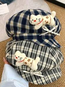 1 buc șapcă drăguță în carouri, pisică adorabilă din pluș și fundă, beretă în stil vintage, accesoriu de cap toamnă/iarnă, accesoriu de modă casual de zi cu zi și în aer liber pentru adolescenți și adulți