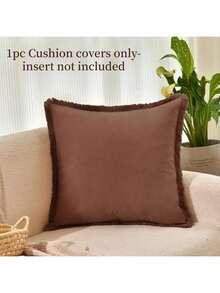 1pc (Pillow Insert Not Included) Tasseled Pillow Cover, Farmhouse Style Washed Fabric Soft Decorative Throw Pillowcase With Fringe Trim - Coffee Brown - View 3