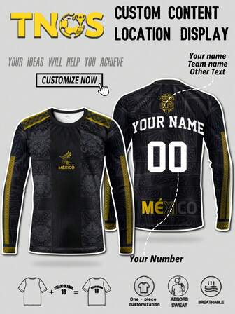 Personalized Custom Mexico Soccer Jersey With DIY Name And Number, Team Name Matching Custom Mexico Men's Youth Long-Sleeve Soccer Jersey & North America Soccer Goalkeeper Crew Neck Comfortable Long-Sleeve Top