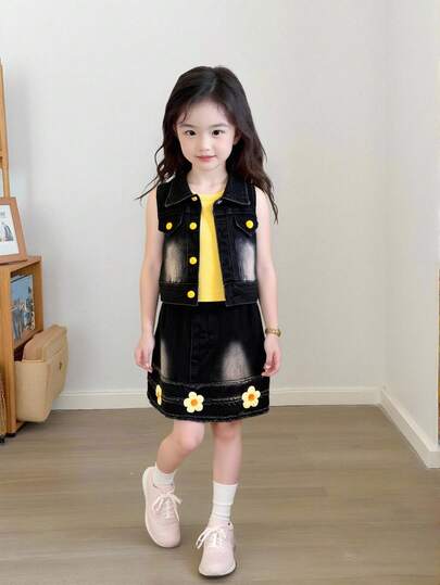 3pcs/Set Toddler Girls Stylish Casual Washed Black Denim Vest + Washed Black Denim Mini Skirt With Unique Fringe Hem & Yellow Floral Accent + Yellow Ribbed Knit Camisole, Cute And Fashionable Spring/Summer Outfit