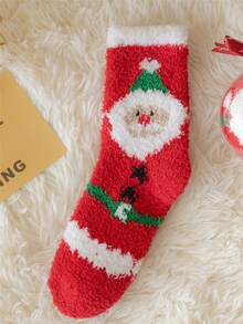 1 par de calcetines de media caña gruesos, suaves y cálidos de doble cara con diseño de Papá Noel para adolescentes/niños en Navidad - Rojo - Ver 4