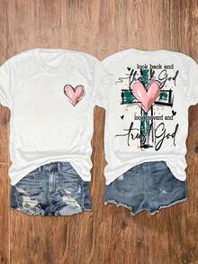 Women's Christian Inspired Graphic Print T-Shirt - "Looking Back, See How Far You've Come" Short Sleeve Crew Neck Top With Cross And Heart Design - 白色 - 查看 1